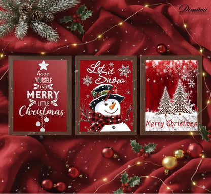 3pcs Red Christmas Canvas Wall Art Tree Snowman Posters Prints Paintings Winter Christmas Quotes Wall Decor Pictures for Living Room And Bedroom Furniture Decoration Unframed