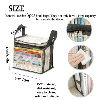 3PCS Clear Book Storage Bag - Plastic Comic Books Organizer Book Carrier with Lid and Lifting Handle Collapsible Display Case for Books Toys 38x24x32cm/15x9x3inches