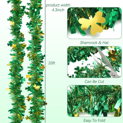 JFBNXB St Patricks Day Garland, St Patricks Day Decorations for Home and Party, 12 Meters Long Green Shamrock Festive Decor, St Patricks Day Party Supplies