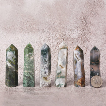Large Moss Agate Crystal Tower Healing Crystal Wand For Spiritual Use Hexagonal Point Reiki Chakra Gemstone Home Decor