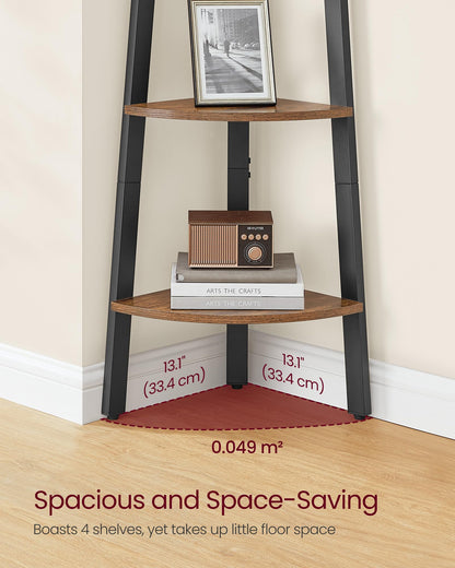 VASAGLE Corner Shelf Stand, 4-Tier Corner Bookshelf, Industrial Ladder Shelf, Plant Stand for Living Room, Office, Kitchen, Rustic Brown and Black ULLS34X