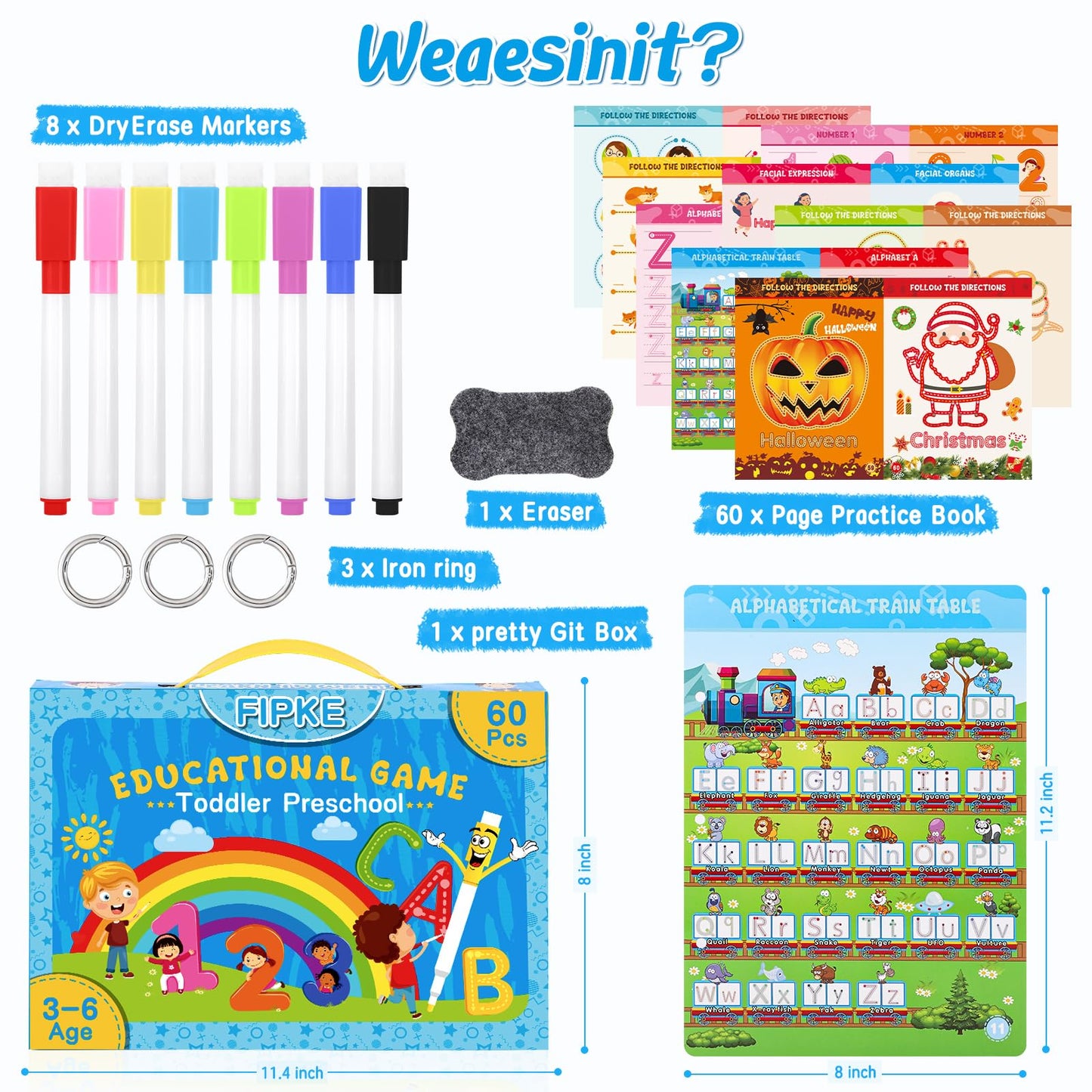 FIPKE Preschool Handwriting Practice Book, Toddlers Preschool Learning Activities with 60 Pages Reusable Magic Practice Copybook for Kids, Educational Montessori Toys for 3 4 5 6 Year Old