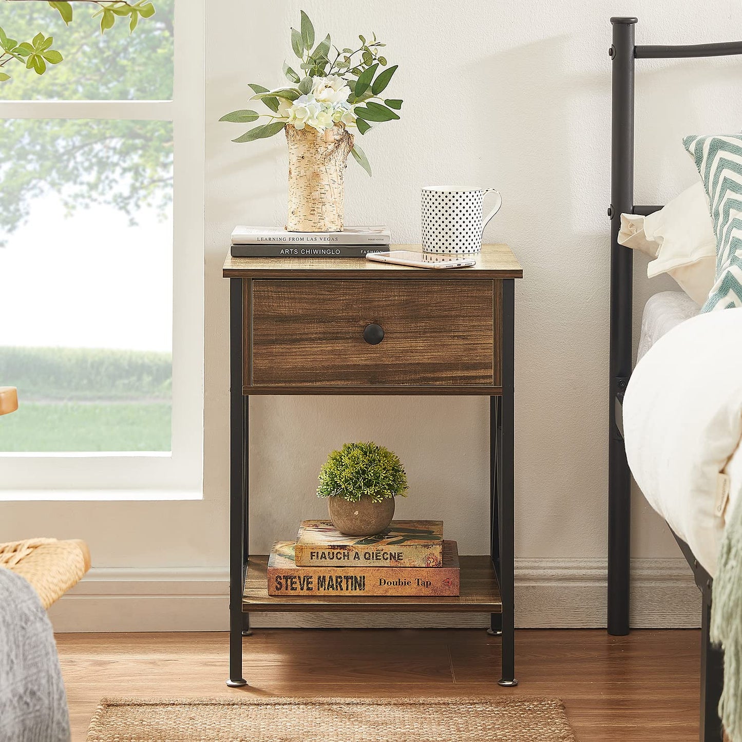 VECELO Nightstand,Modern Bedside End Table, Night Stand with Drawer and Storage Shelf for Living Room Bedroom, Industrial Metal Frame