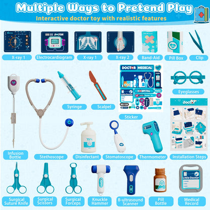 Doctor Kit for Toddlers 3-5, Pretend Doctors Play Set with Cart, Costume and Stethoscope for Kids Aged 3 4 5, Role Play Medical Toys for Girls Boys, Christmas Birthday Educational Gift for Toddler