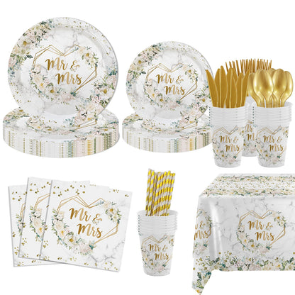 MEHOFOND 193 pcs White Wedding Party Decorations, Mr and Mrs Paper Plates Cup and Nakpins Set, Floral Wedding Disposable Dinnerware with Tablecloth, Bridal Shower Disposable Party Supplies, 24 Guests