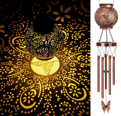 YHmall Solar Wind Chimes for Outside, Butterfly Birthday Gifts for Women Mom, Flower Solar Lantern Windchimes Outdoors, Hanging Memorial Wind Chimes for Garden Decor