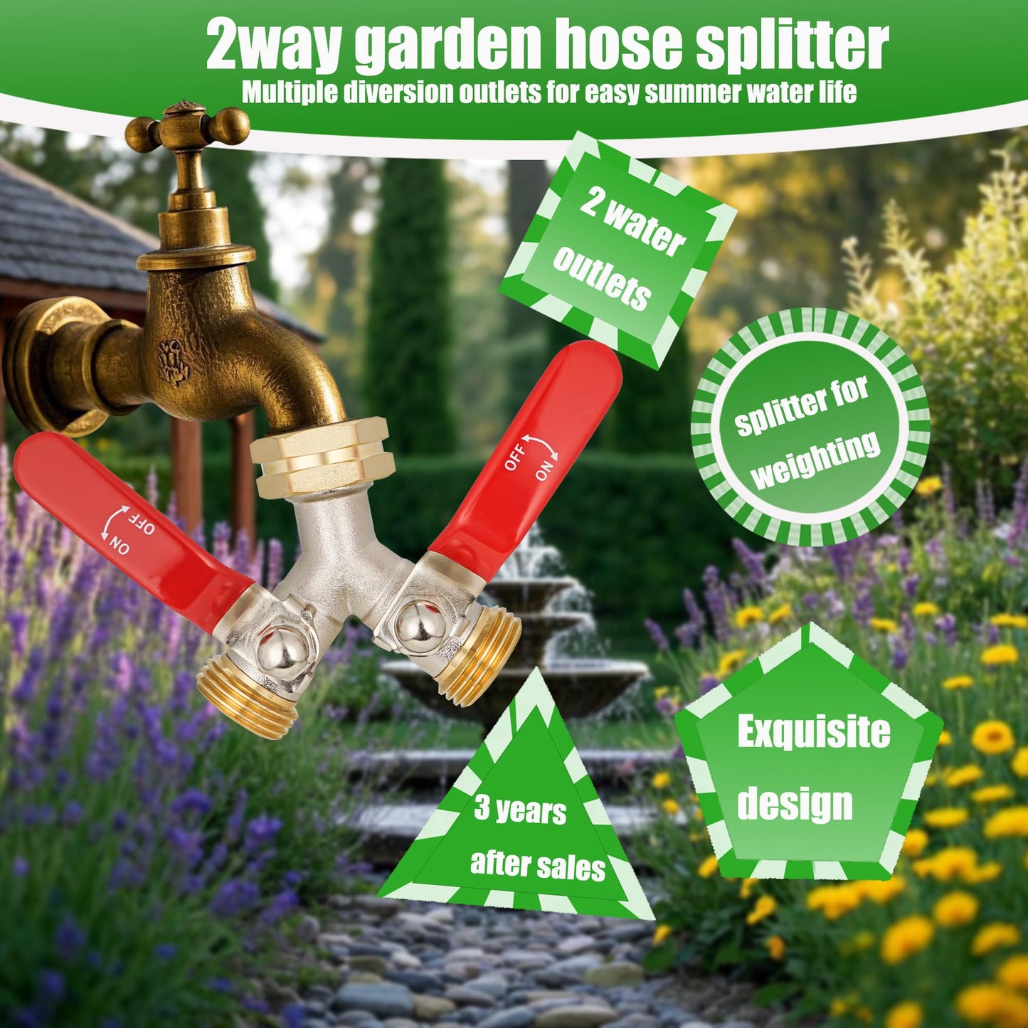 EJW Hose Splitter 2 Way, Garden Hose Splitters, Heavy Duty Faucet Splitter,Rv Brass Water Hose Y Splitter, Double Hose Connector, Spigot Splitter, Two Way Hose Manifold Valve 3/4 Inch GHT Thread.