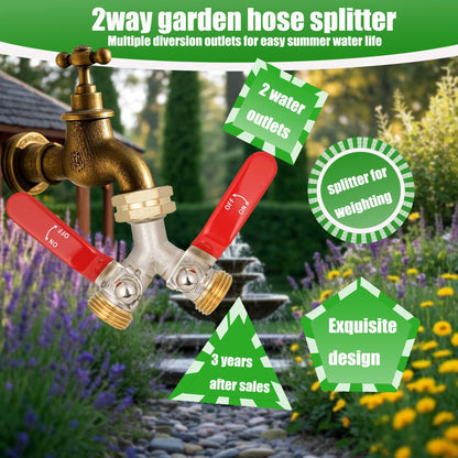 EJW Hose Splitter 2 Way, Garden Hose Splitters, Heavy Duty Faucet Splitter,Rv Brass Water Hose Y Splitter, Double Hose Connector, Spigot Splitter, Two Way Hose Manifold Valve 3/4 Inch GHT Thread.