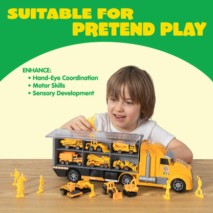 JOYIN 25-in-1 Construction Truck Toy Set with 12 Vehicles & 12 Worker Figures, Push and Go Toy Trucks with Sound and Light, Construction Toys Birthday Gifts for Kids 3 4 5 6 7 Years Old