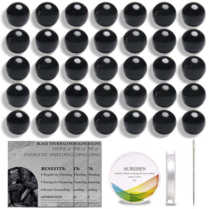 Aurehen Natural Gemstone Beads with Thread Needle Card as Complete Jewelry Making Kit, 120PCS 6mm Round Loose Energy Stone Spacer Beads, Smooth Healing Crystals for DIY Crafts (Black Tourmaline)