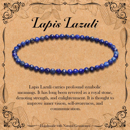 BONNY BOXX Natural Genuine Gemstone Faceted Round Beads Bracelets, 3mm Adjustable Stretchy Tiny Faceted Lapis Lazuli Bracelet, Healing Crystal Reiki Chakra Dainty Jewelry Fashion Gifts