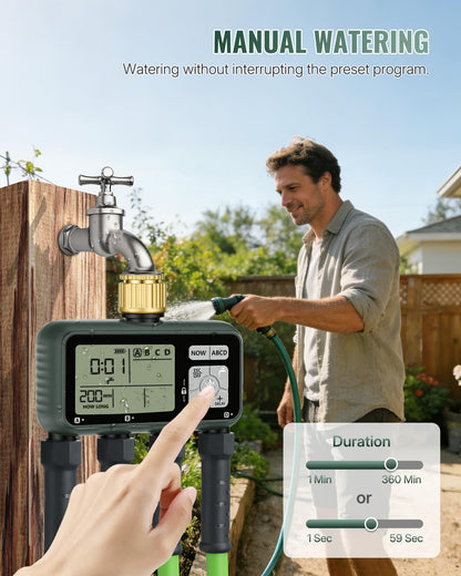 WILAWELS 4 Zone Brass Sprinkler Timer, Garden Hose Timer, Automatic Irrigation System, Programmable Faucet, 4 Outlets, with Rain Delay, Manual Mode,Child Lock, for Yard, Garden, Lawn, Green E14WT06