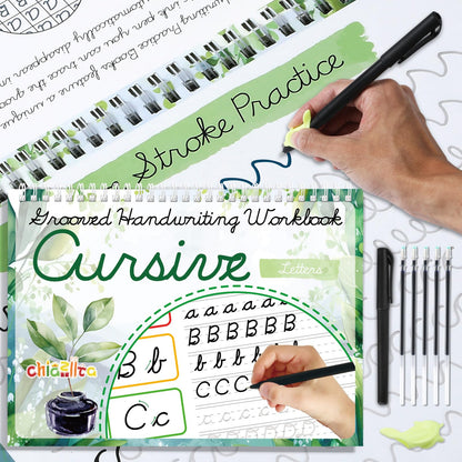chiazllta Grooved Cursive Handwriting Workbook with Disappearing Ink Pens Magic Reusable Grooved Cursive Writing Practice for Beginners Kids Kickoff Student Workbook Homeschooling Supplies (Letters)