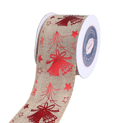 VATIN Star and Jingle Bells Christmas Wired Ribbon, 2-1/2 Inch x Continuous 10 Yards Spool Tree Ribbon for Topper Bow, Christmas Wreath, Tree Decoration, Gift Wrapping
