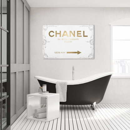 The Oliver Gal Artist Co. Typography and Quotes Contemporary Canvas Art - Couture Road Sign Rococo Gold, Wall Art for Living Room, Bedroom, and Bathroom, 45 in x 30, White and Gold Home Decor