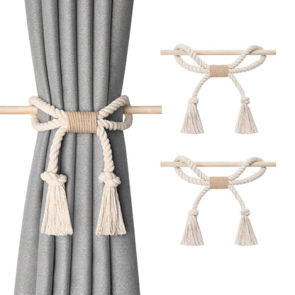 NICEEC 2 Pack Natural Cotton Rope Curtain Tiebacks Boho Rustic Style Decorative Drape Tie Backs Farmhouse Hand-Woven Rope Curtain Holdbacks with Wood Club for Home & Office Drapery (Cotton knot-Beige)
