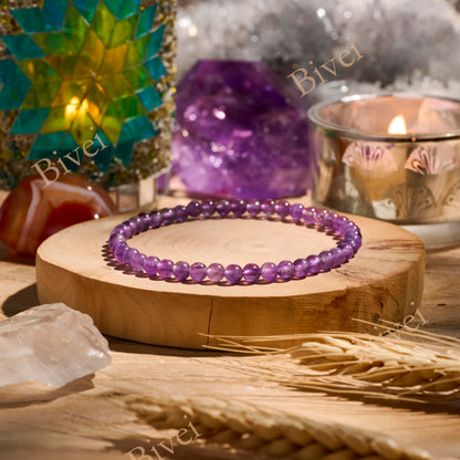 Bivei Amethyst - Calms - 4mm Beaded Bracelets for Women Handmade Semi Precious Natural Stone Stretch Elastic Jewelry Yoga Protection Gifts Small