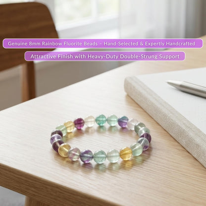Cherry Tree Collection Rainbow Fluorite Beaded Bracelet – Genuine 8mm Gemstone Stretch Bracelet for Men & Women – Handmade Crystal Bracelet - (Rainbow Fluorite - S)