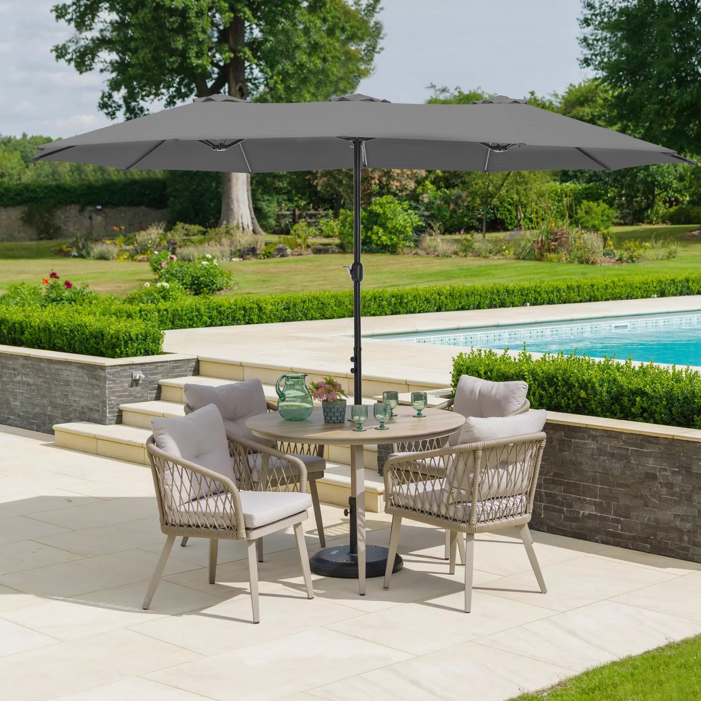 HERA'S PALACE Umbrella Patio Outdoor with Base 15ft Rectangle Table Double Market Heavy Duty Umbrellas Clearance Large Included Stand for Deck Outside Pool Picnic Inground Yard Commercial, Gray