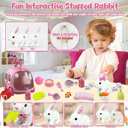 STAY GENT Plush Bunny Toy for Kids Girls, Hopping Walking Ears Wiggling Electric Rabbit, Feeding Interactive Pets Bunny Toys & Cage Easter Accessories Birthday Xmas Gifts for Toddlers 3 4 5 6