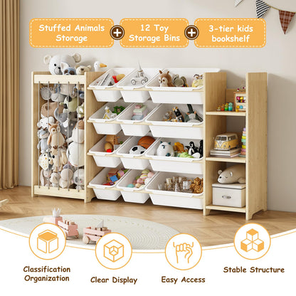 EXPERLAM 3-in-1 Toy Storage Organizer, Stuffed Animal Holder & 3-Tier Bookcase, Solid Wood Toy Organizer with 12 Storage Bins, Space-Saving Toy & Book Shelf for Kids Rooms, Bedroom, Playroom, White