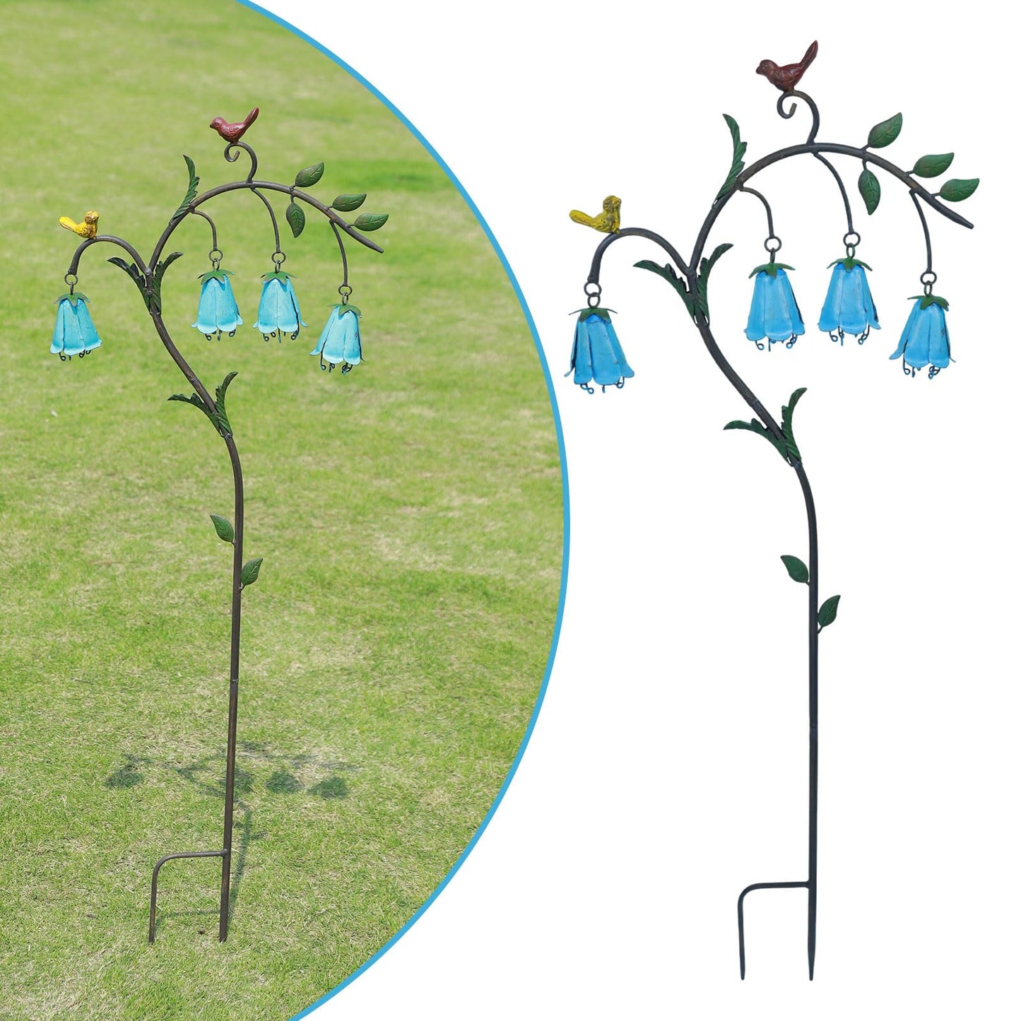 HOUYANG 44.3" H Metal Decorative Garden Stake with Blue Bell Flowers & Birds - Metal Yard Art for Outdoor Yard Decor, Rustic Metal Flowers Garden Decor for Patio, Lawn, Pathway