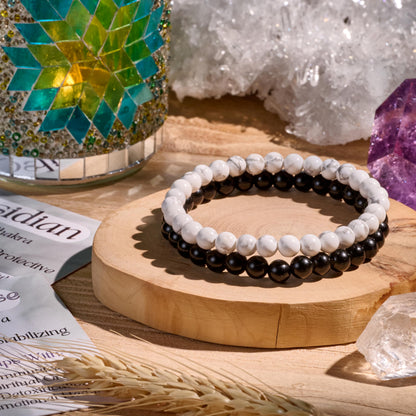 Bivei 2-Piece 8mm Beaded Bracelets for Women – Black Obsidian, Howlite – Handmade Natural Crystal Stretch Elastic Jewelry for Meditation, Yoga, Protection Gifts