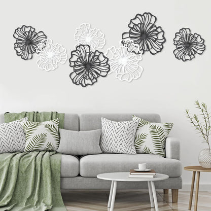 7 Piece Metal Wall Decor for Living Room, Boho Double Layered Iron Flower Wall Hanging Art, Aesthetic Indoor Metal Wall Sculpture Decor for Bedroom Kitchen Bathroom Farmhouse Home Office, Black-White