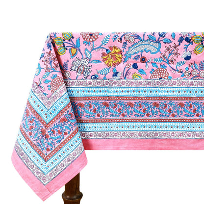 60x60 Inches Square Hand Block Printed Cotton Tablecloth, Pink Blue Floral Table Cloths Washable, Indian Table Linen for Valentine Thanksgiving Gifts Home Decor Dinning Outdoor