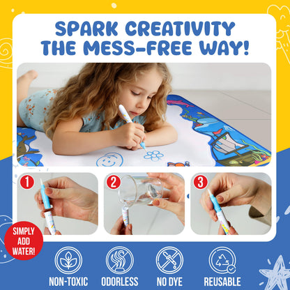 Water Doodle Mat -Sea Life 40 x 32 – Mess-Free Water Drawing Mat for Kids Ages 3-8 with Roller, Stamp Markers, Water Pens, Foam Shapes & Stencils