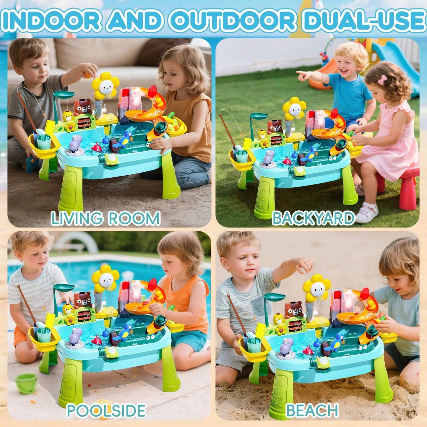 Ploomi Upgraded Toddler Sand Water Table Toy with Electric Water Pump, Kids Sand Water with Faucet/Play Food Accessories/Fishing Toy, Kitchen Play Sink Toys for Girl Boy Age 3+ (Light-Blue)