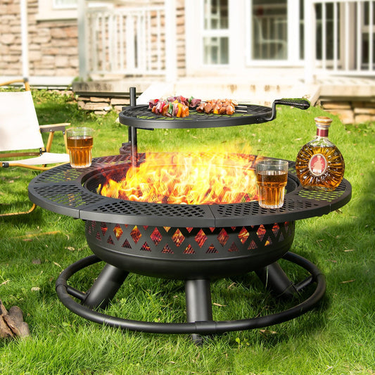Panovue 36 Inch Fire Pit with Grill,Wood Burning Fire Pits for Outside with Lid& Fire Poker,Round Metal Firepit Table 3 in 1 with Cooking Grate,Outdoor Firepits for Yard Patio Bonfire Camping(Black)