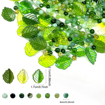 380pcs Green Glass Beads with Acrylic Leaf Beads, Assorted 6mm Round Crystal Crackle Beads Strawberry Leaves for Craft DIY Earring Bracelet Necklaces Wind Chimes