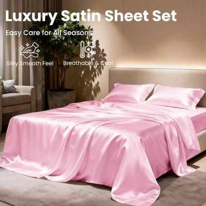 Love's cabin Satin Queen Sheets Set - 4 Piece Pink Silky Bed Sheets Set with Deep Pocket, Luxury Silk Feel Satin Queen Size Sheet Set (1 Flat Sheet, 1 Fitted Sheet, 2 Pillow Cases)
