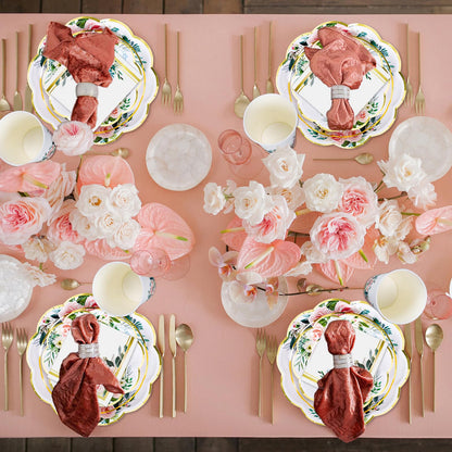 Whaline 100Pcs Pink Floral Paper Tableware Set Spring Flower Gold Foil Disposable Dinnerware Scalloped Plates Napkins and Cups for Wedding Birthday Baby Bridal Shower Party Supplies Table Decor