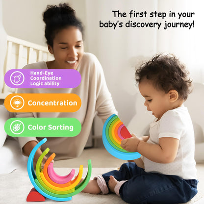Soft Building Blocks Bundle - STEM Montessori Preschool Stacking Sensory Toys: 42-Piece Rubber Construction Blocks Bag with Storage + Silicone Rainbow Stacker & Nesting Blocks (7 PCS), Colorful Creati