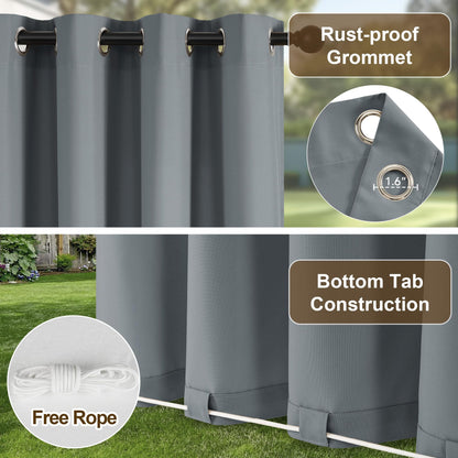 NICETOWN Gazebo Curtains for Outdoor Waterproof 2 Panels, W110 x L95 in, Zipper Patio Curtains Top Grommet & Bottom Back Tab with Rope, Windproof & Privacy Sun Blocking Shades for Porch Pergola, Grey