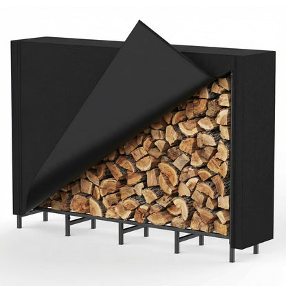 Outdoor Firewood Storage Holder with Cover, Heavy Duty Metal Indoor Log Stacker Rack with Weather Resistant 600D Oxford Fabric Cover, Wood Pile Storage Carrier Organizer Stand for Fireplace, Black
