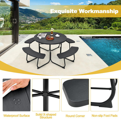 Tangkula 8 Person Picnic Table, Outdoor Round Picnic Table with 4 Built-in Benches, Umbrella Hole, Metal Frame & HDPE Tabletop, Outside Table and Bench Set for Backyard, 2300lbs Weight Capacity
