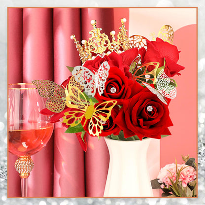 200 Pcs Flower Bouquet Accessories 100 Corsage Bouquet Pins 96 3D Butterfly Wall Decor Bulk and 4 Crown Cake Topper Pearl Pins Floral Arrangement for Festival Wedding Birthday Party (Gold, Silver)