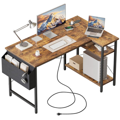 Mericonia Small L Shaped Computer Desk with Power Outlets, Reversible Gaming Desk with Storage Shelves, Corner Gamer Desk Table, Study Writing Table