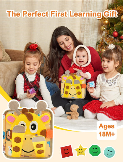 BizyKoady Busy Book for Toddlers 1-3, Montessori Toys for 1 Year Old, Kids Travel Toys, Educational Activity Book, Birthday Gifts for Boys & Girls, Washable Felt Busy Board, Giraffe