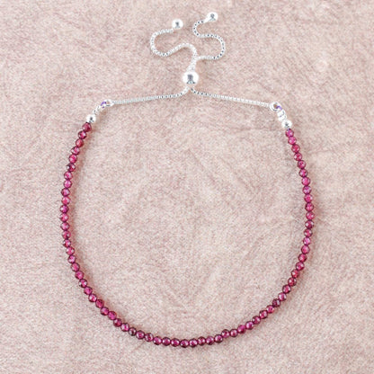 ZEMBIENCE Natural Rhodolite Garnet Gemstone Bolo Bracelet, Micro-Faceted Beads, Chakra Healing Crystals, Silver Plated, Adjustable Slider, Handmade, Women Jewelry, Valentine Gift for her, Size 10"