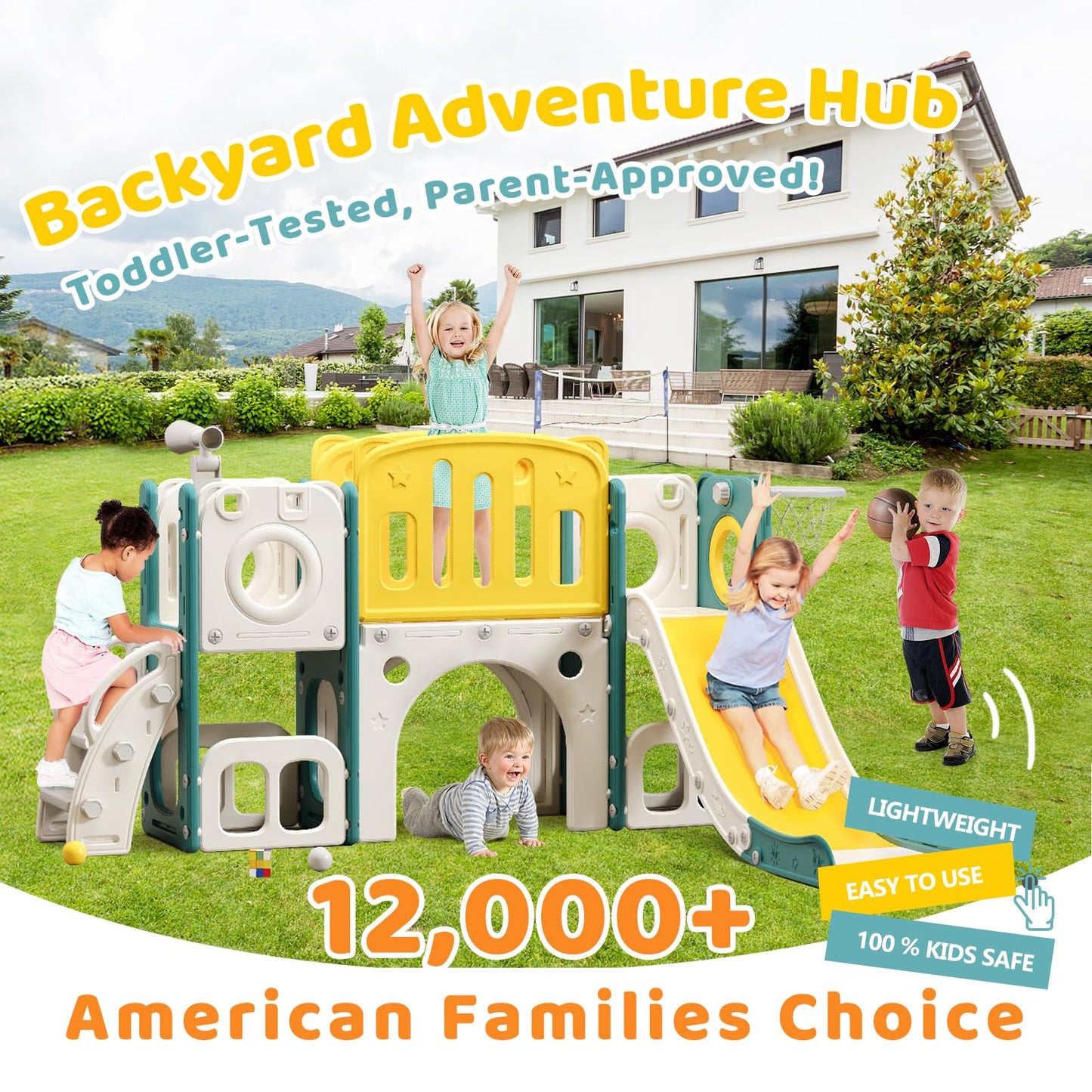 MOCUTEEN 8-in-1 Toddler Climber and Slide Playset with Basketball Hoop - Indoor/Outdoor Playground Gym Activity Center for Kids