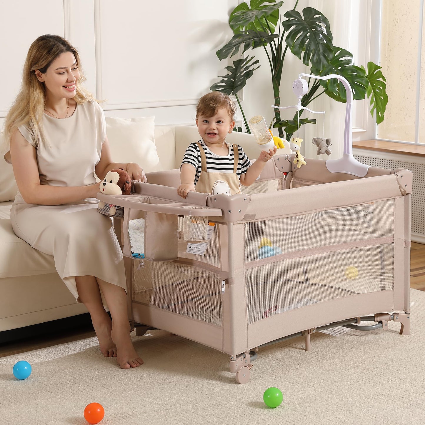 4 in 1 Pack and Play, Portable Travel Baby Bassinet, Foldable Travel Playard Playpen for Toddler, Bedside Crib Sleeper, Diaper Changer Table, Baby Playard for Newborn (Champagne)