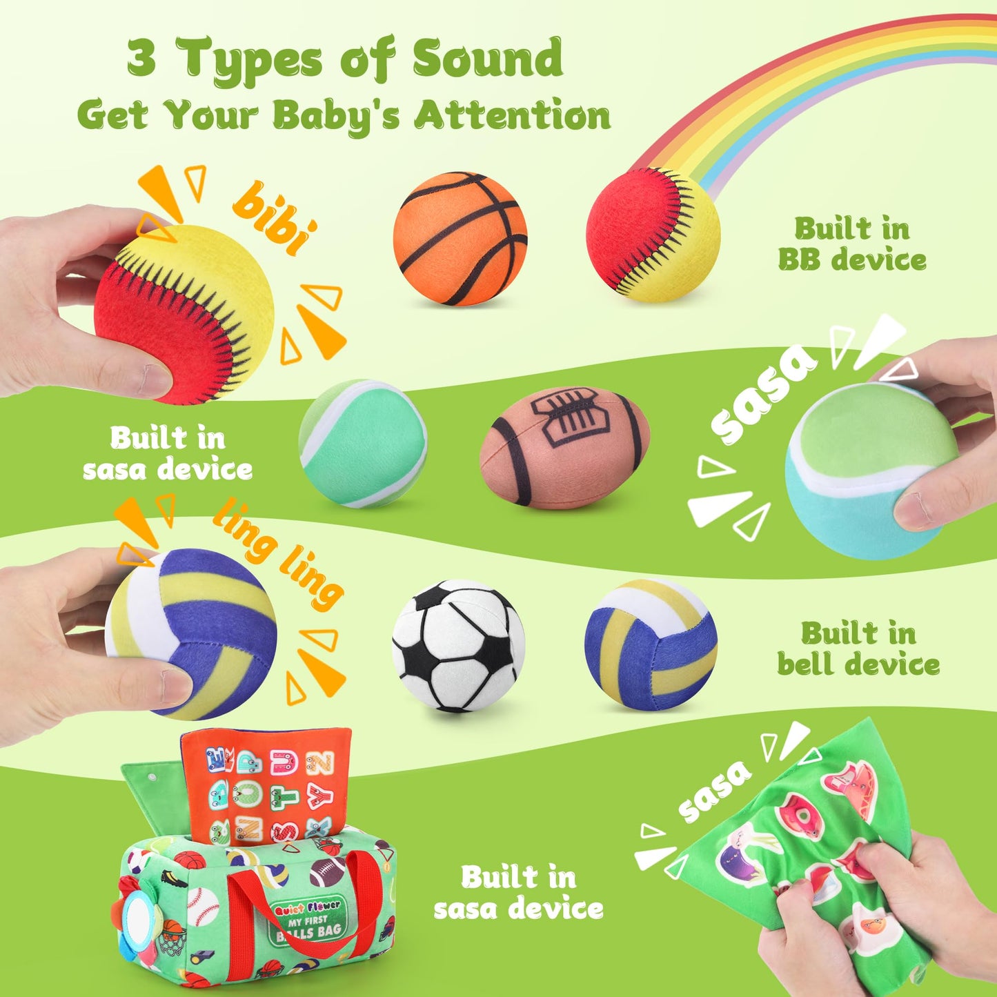 My First Sports Bag 6-12 Months Baby Tissue Box Toy, 17pcs Montessori Sensory Set: Plush Ball, Crinkle Paper, Scarves & Mirror, Squeaky Fine Motor 1 Year Old Infant Toddler Gifts Easter Basket Stuffer
