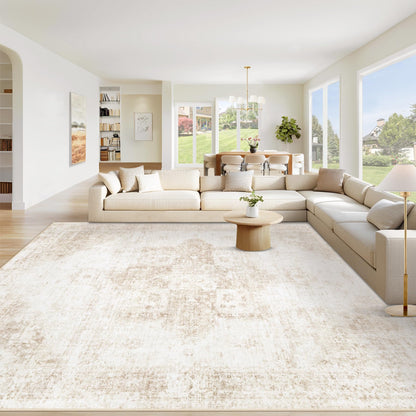 VECARF Area Rug 8x10 Washable Rug, Vintage Boho Medallion Rugs Non-Slip Soft Low Pile Large Distressed Rug Indoor Retro Carpet for Living Room Bedroom Dining Room Home Office (Beige, 8'x10')