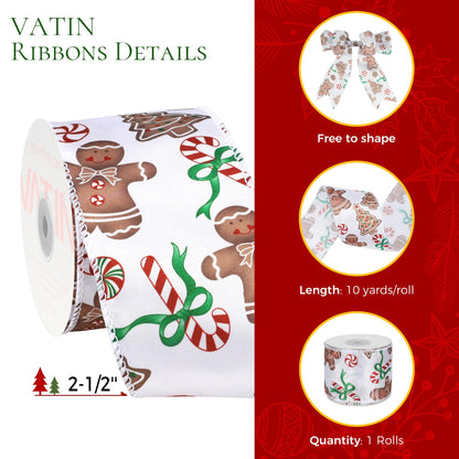 VATIN Stain Ribbon with Gingerbread Man Printed, 2-1/2" x 10 Yards Thick Ribbon for Christmas Holiday Craft, Gift Wrapping,Flower Bouquet
