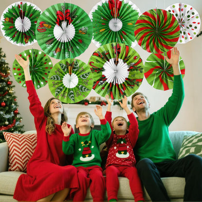 Outus 9 Pcs Christmas Hanging Decorations Candy Paper Fans Peppermint Classroom Christmas Decorations Party Ceiling Wall Hanging Decor Red Green Elf Bulb Wreath Gift Box Winter Holiday Birthday