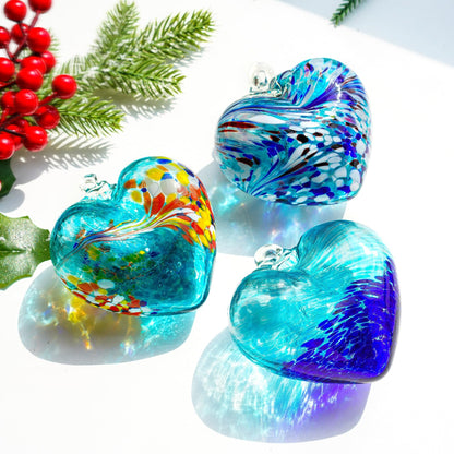 Set of 3 Handmade Glass Heart Ornaments 3.9 Inch Blue Friendship Heart Decor for Garden Home Centerpiece Gifts for Women